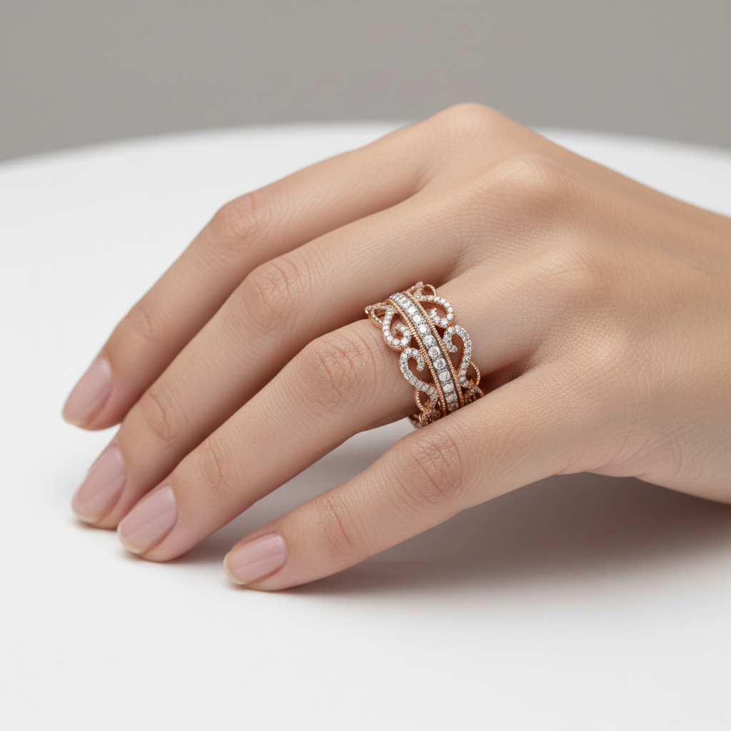 14K Rose Gold and Diamond Etruscan Statement Ring - Jewelry Design Galleria