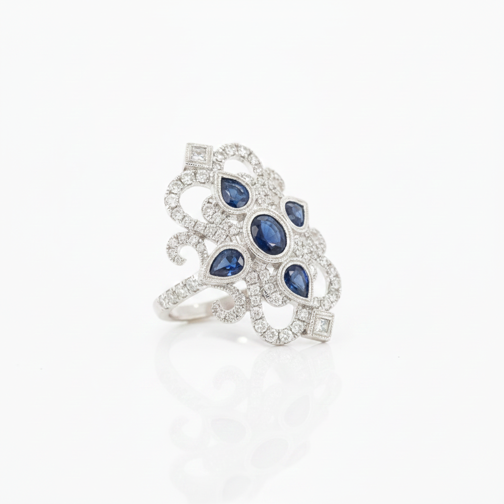 14K White Gold Art Deco Blue Sapphire and Diamond Ring