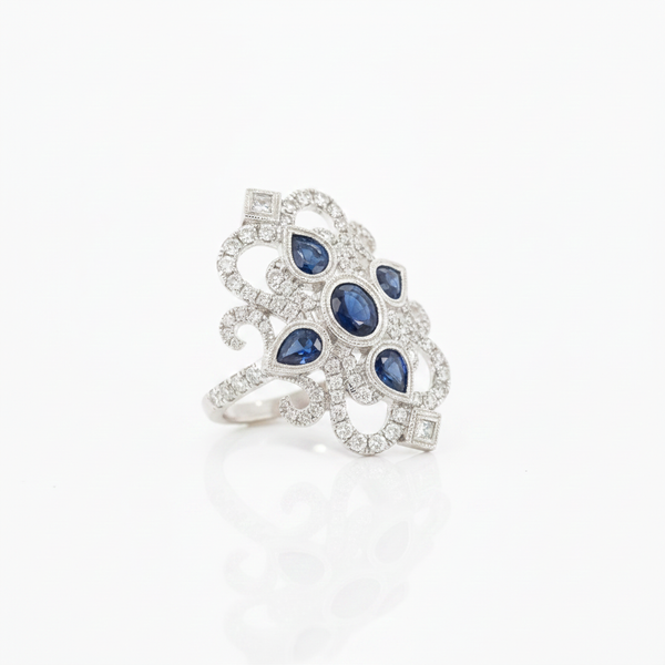 14K White Gold Art Deco Blue Sapphire and Diamond Ring