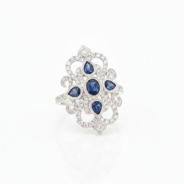 14K White Gold Art Deco Blue Sapphire and Diamond Ring