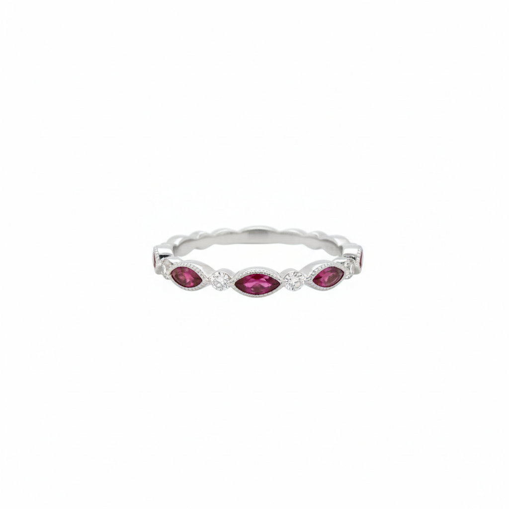 14K White Gold Round Diamond and Ruby Marquise Stacking Ring