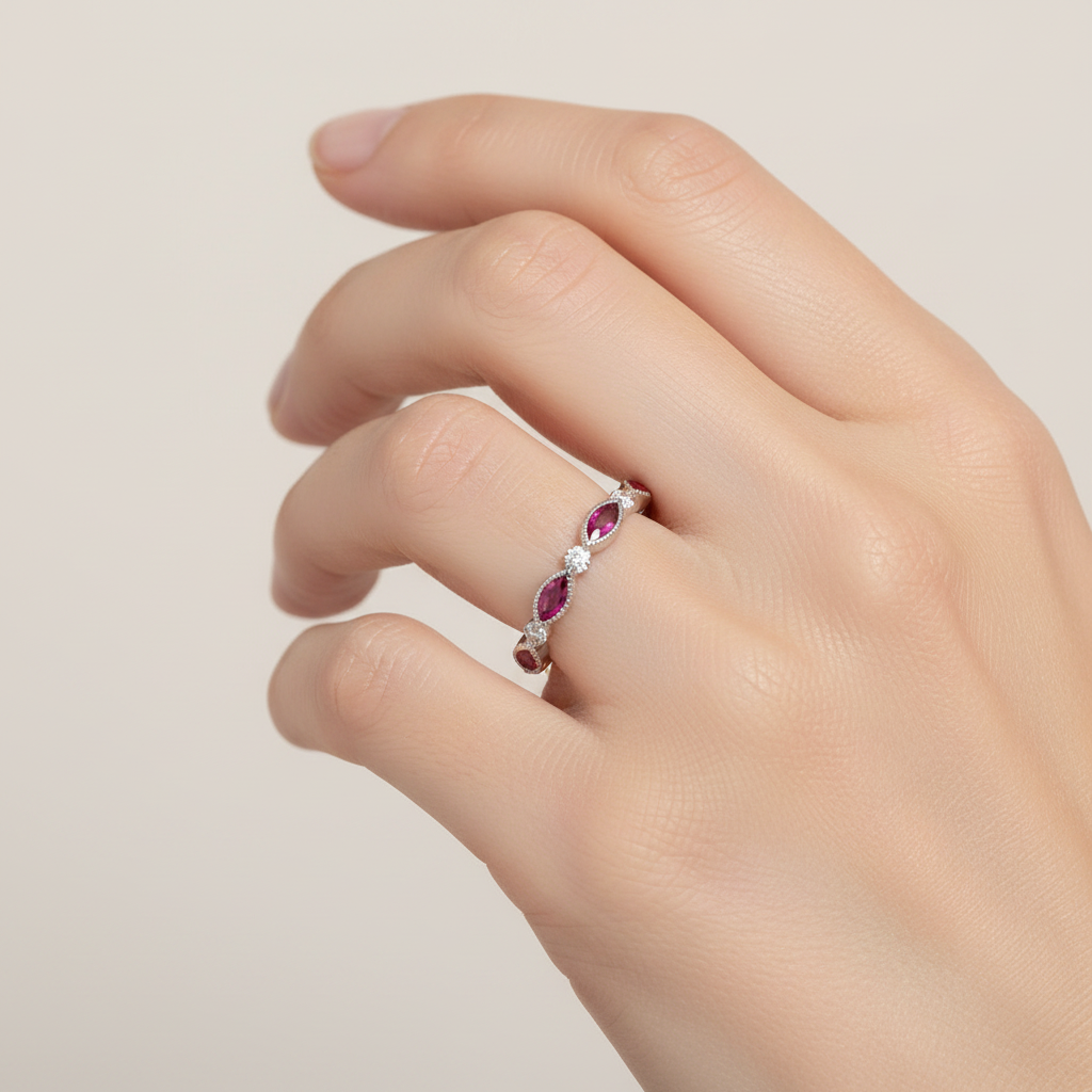 14K White Gold Round Diamond and Ruby Marquise Stacking Ring
