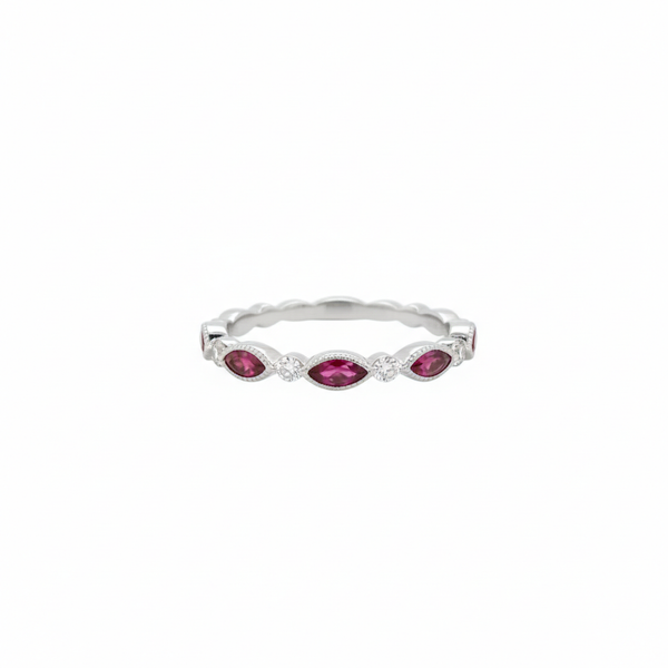 14K White Gold Round Diamond and Ruby Marquise Stacking Ring