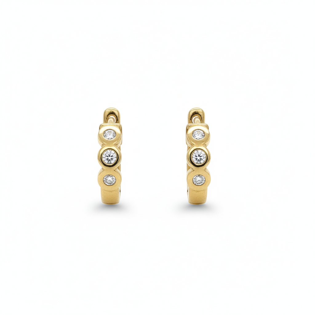 14K Yellow Gold Three Diamond Small Hoop Huggie Earrings