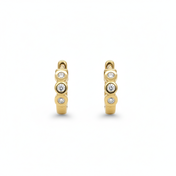 14K Yellow Gold Three Diamond Small Hoop Huggie Earrings