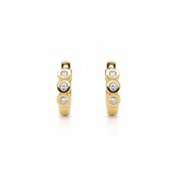 14K Yellow Gold Three Diamond Small Hoop Huggie Earrings