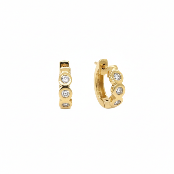 14K Yellow Gold Three Diamond Small Hoop Huggie Earrings