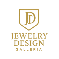 Gold logo for Jewelry Design Galleria featuring a shield icon with stylized 'JD' letters and the text 'JEWELRY DESIGN GALLERIA' on a white background.