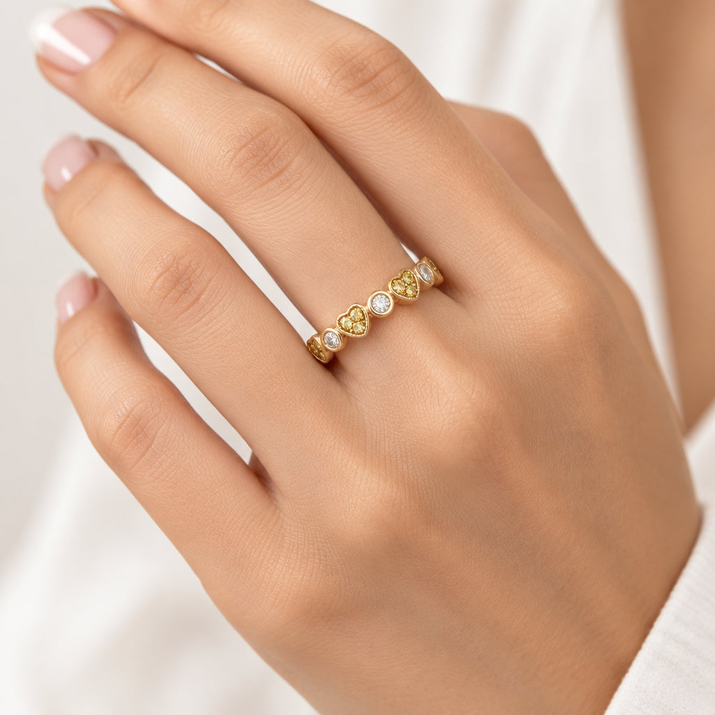 14K Solid Yellow Gold Diamond and Yellow Sapphire Heart Eternity