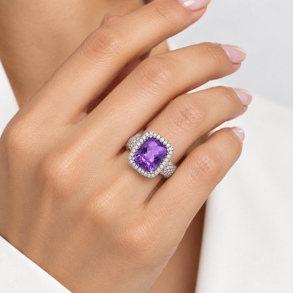 14K White Gold Amethyst Diamond Statement Ring