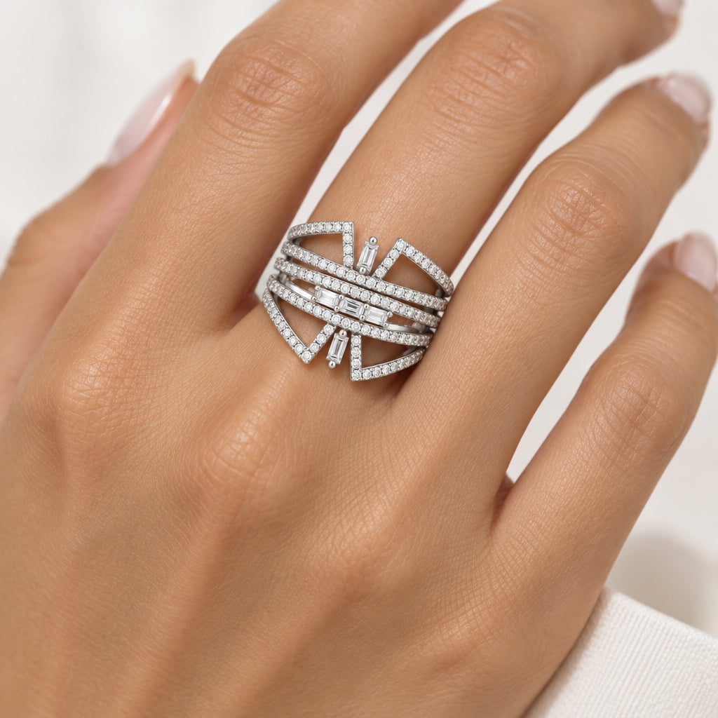 14K White Gold and Diamond Wide Fashion Ring