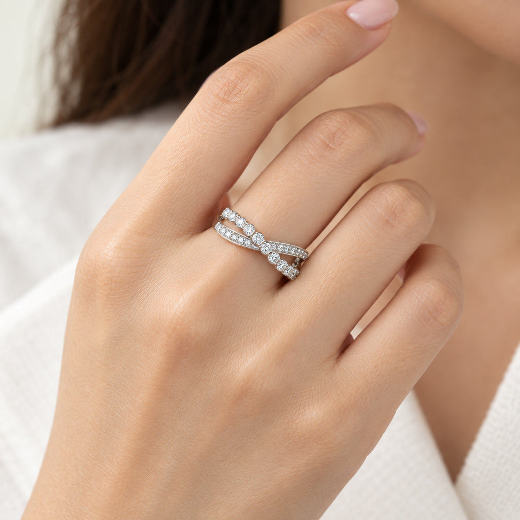 14K White Gold Criss Cross Diamond Ring