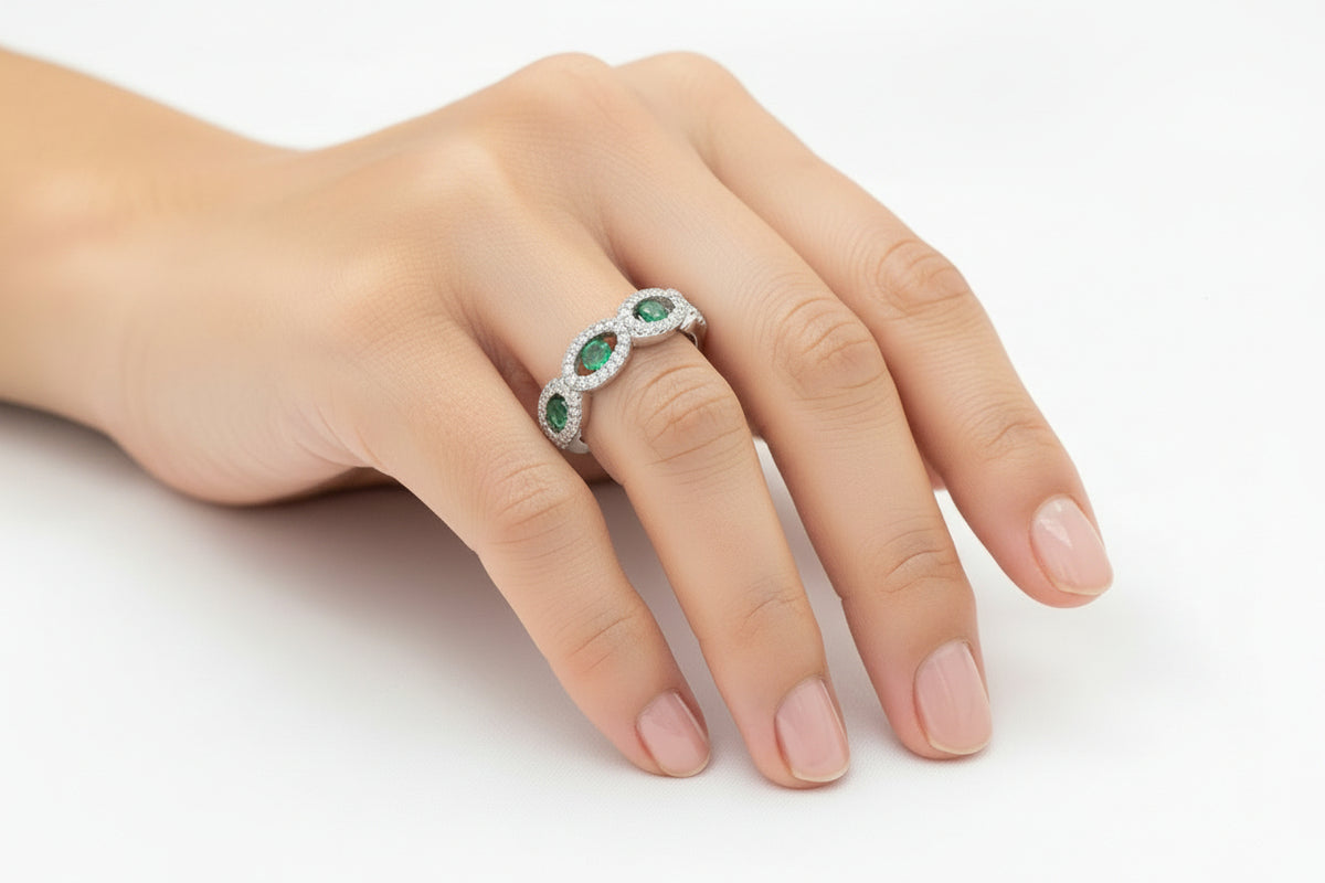 14K White Gold Diamond and Emerald Wedding Band