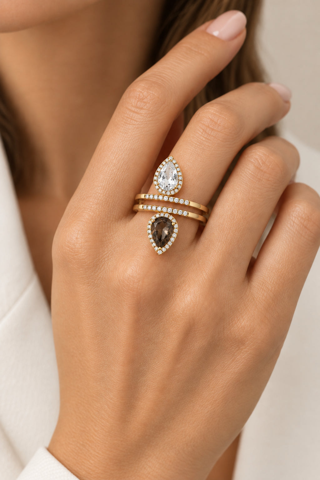 14K Yellow Gold Smokey Topaz, Green Amethyst and Diamond Ring