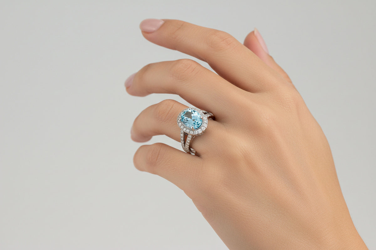 14K White gold Halo Diamond And Blue Topaz Ring