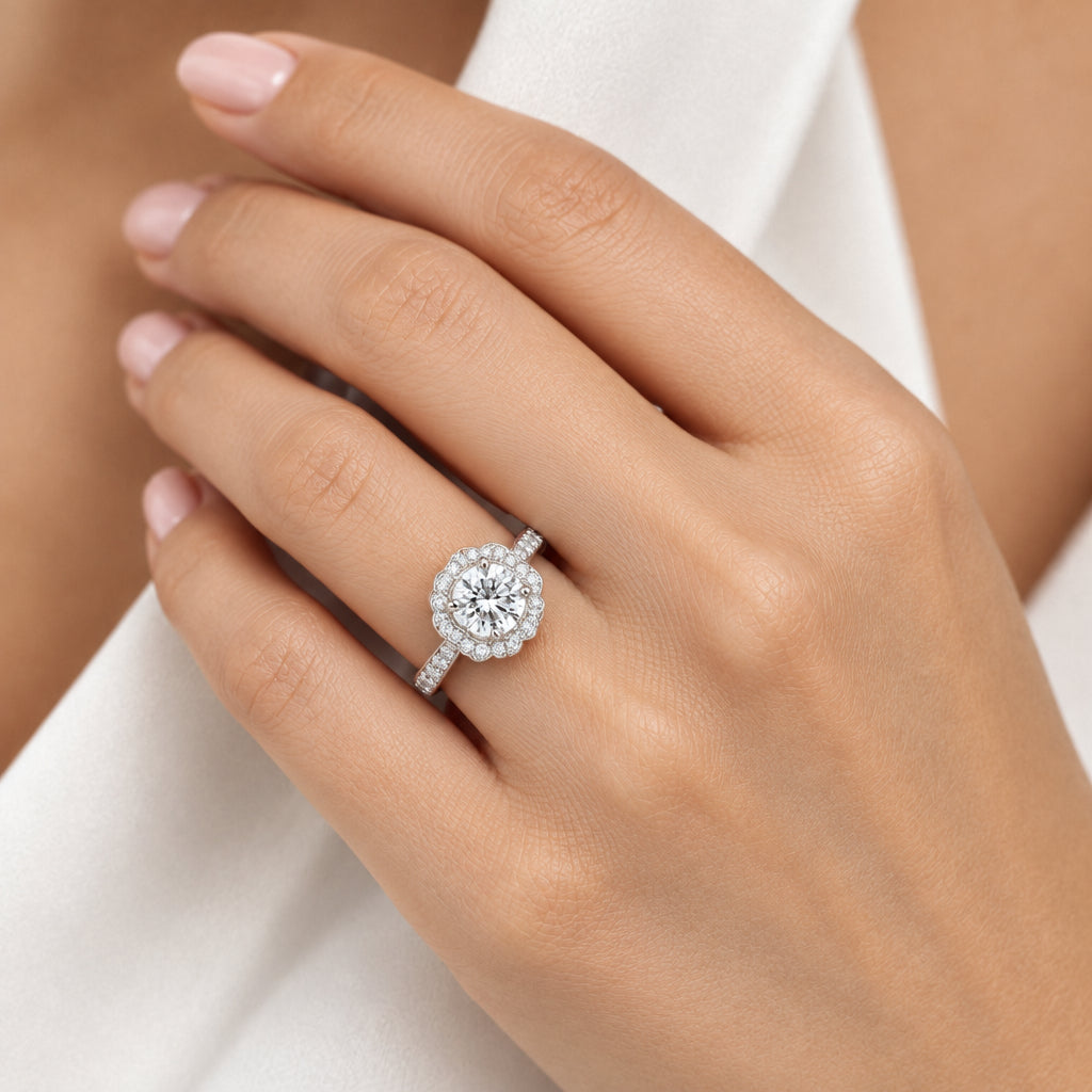 14K White Gold Scalloped Halo Diamond Engagement Ring