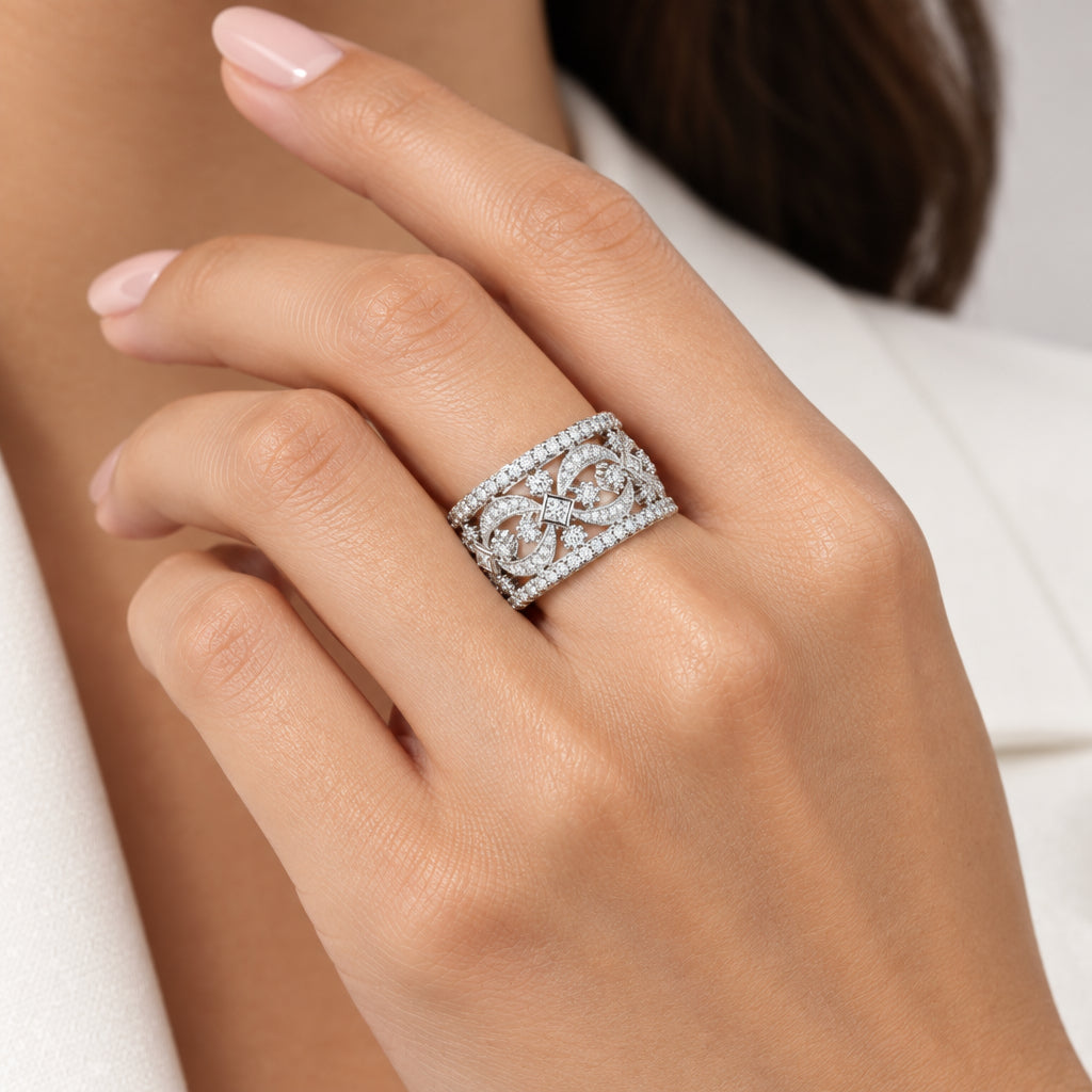14K White Gold Intricate Diamond wedding Band