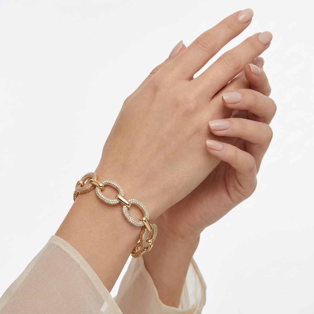 14K Yellow Gold Oval Link Diamond Bracelet
