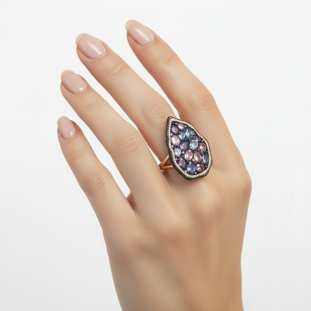 18K Rose Gold Rainbow Stone Cocktail Ring with Pink & Sapphire, Amethyst, and Diamonds - Jewelry Design Galleria