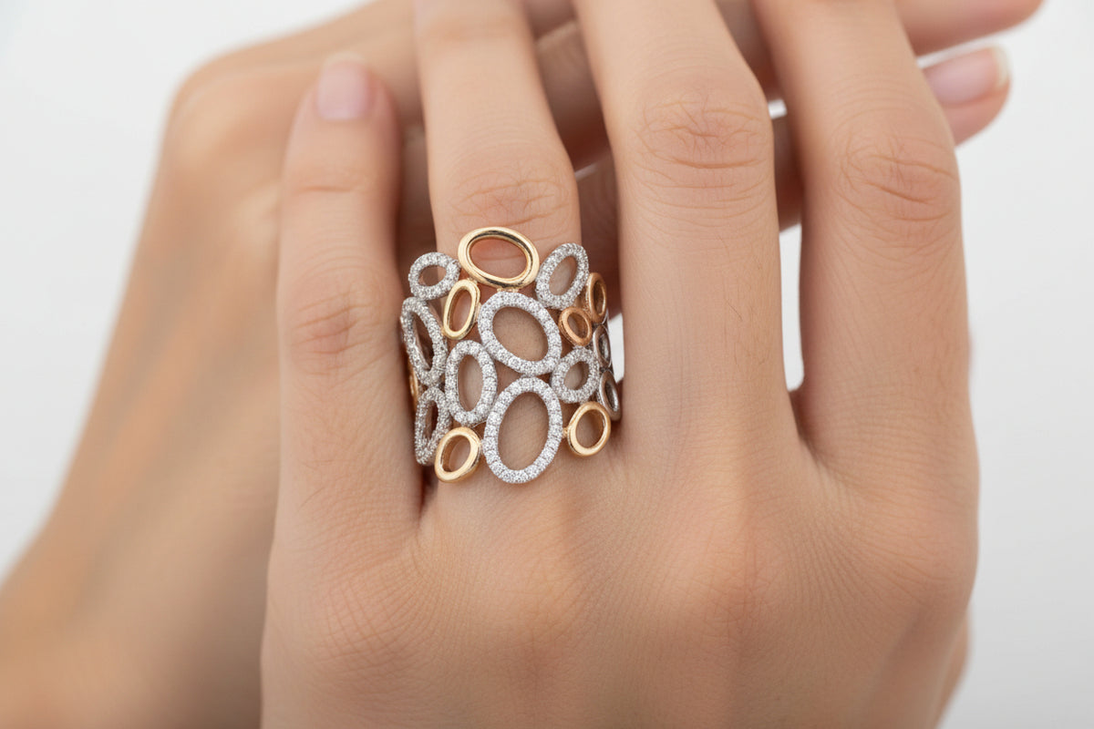 14K Two Tone Oval Diamond Statement Ring - Jewelry Design Galleria