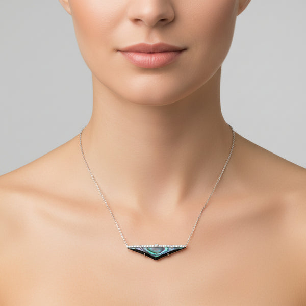 18K White Gold Diamond and Black Mother of Pearl Triangle Pendant Necklace