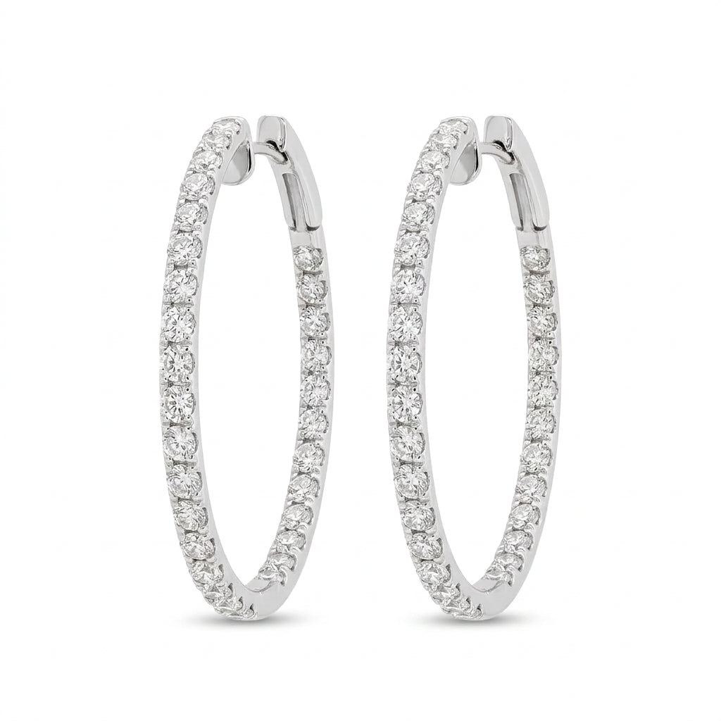 14K White Gold Round Hoop Full Inside and Out Diamond Hoop Earrings