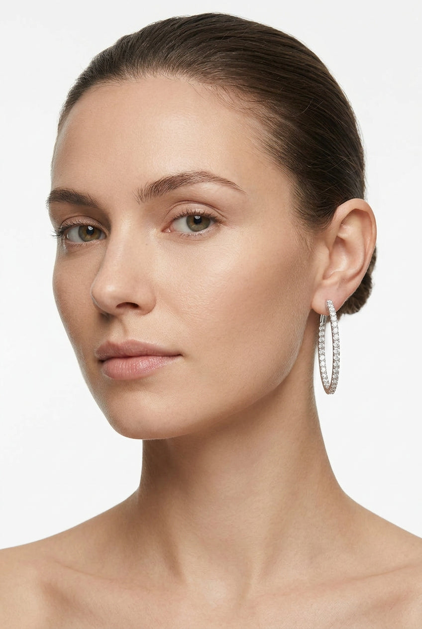 14K White Gold Round Hoop Full Inside and Out Diamond Hoop Earrings