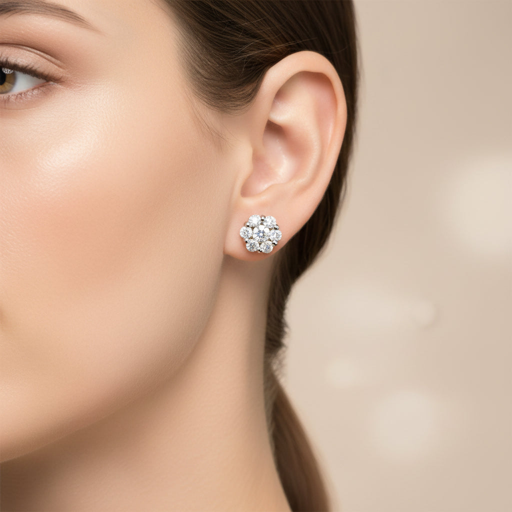 14K White Gold Diamond Clustered Flower Stud Earrings