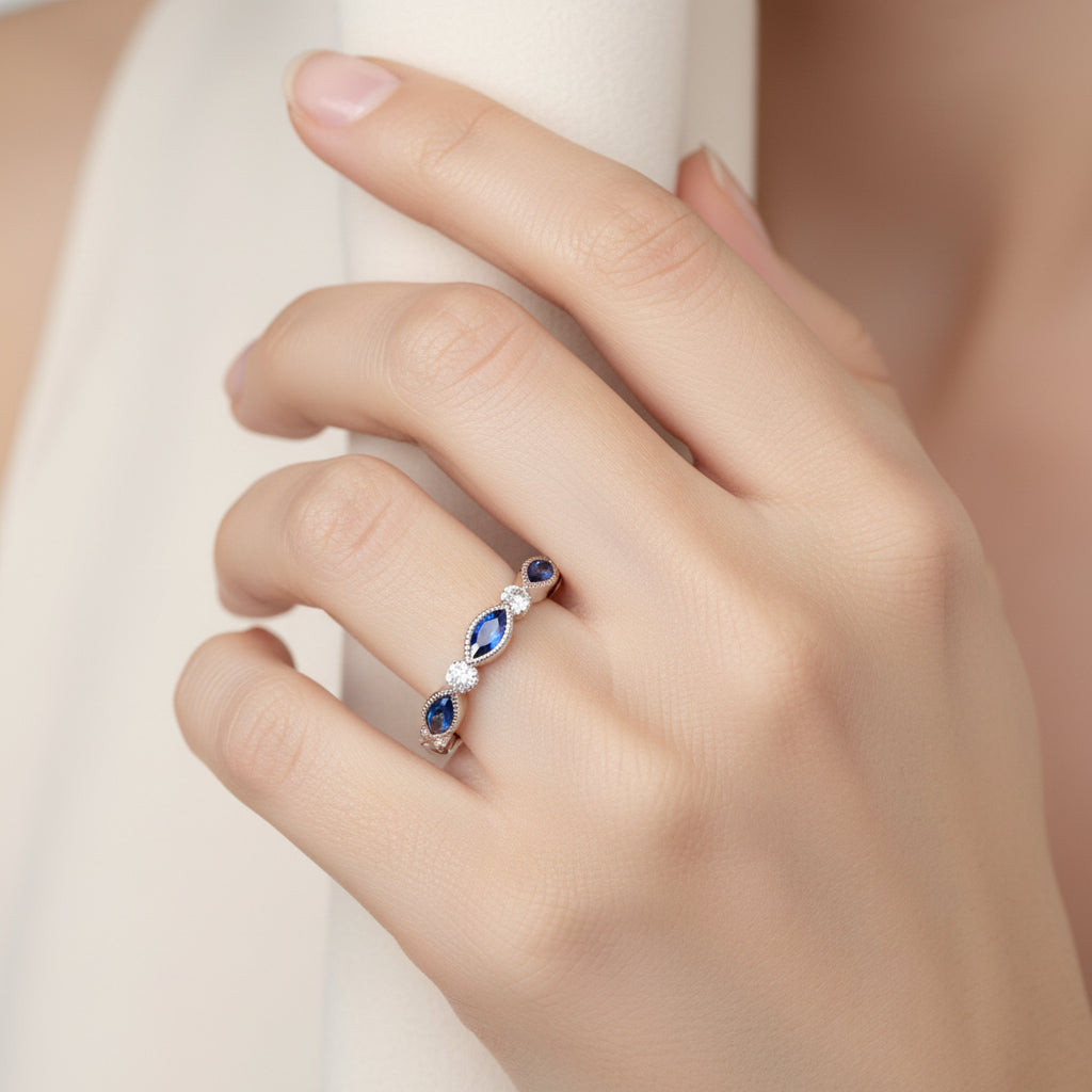 14K White Gold Marquise Diamond and Sapphire ring