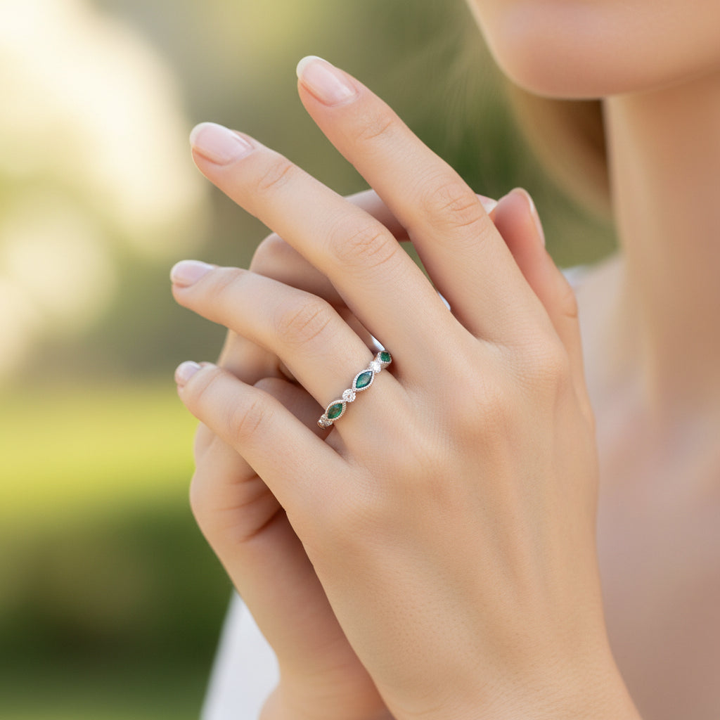 14K White Gold Diamond and emerald stackable marquise ring