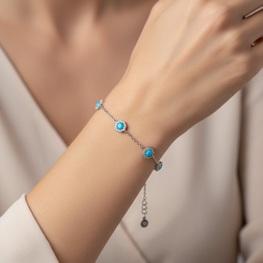 14K White Gold Turquoise Diamond Bracelet