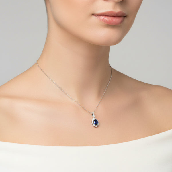 14K White Gold Blue Sapphire and Diamond Necklace
