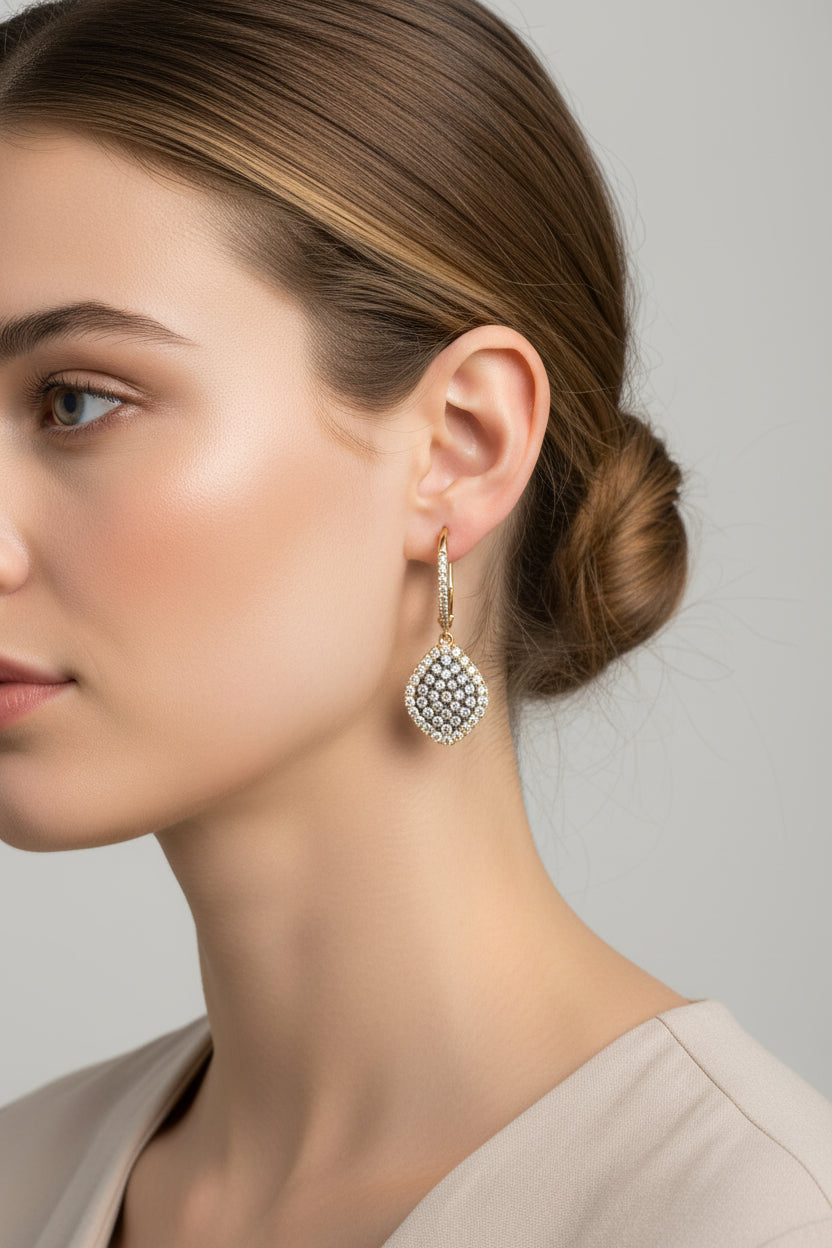 14K Rose Gold Drop Earrings with Clustered Champaign Diamonds - Jewelry Design Galleria