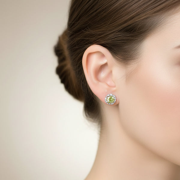 14K White Gold Green Peridot and Diamond Stud Earrings