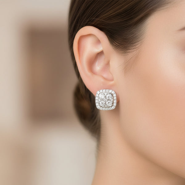14K White Gold Diamond Cushion Cluster Stud earrings