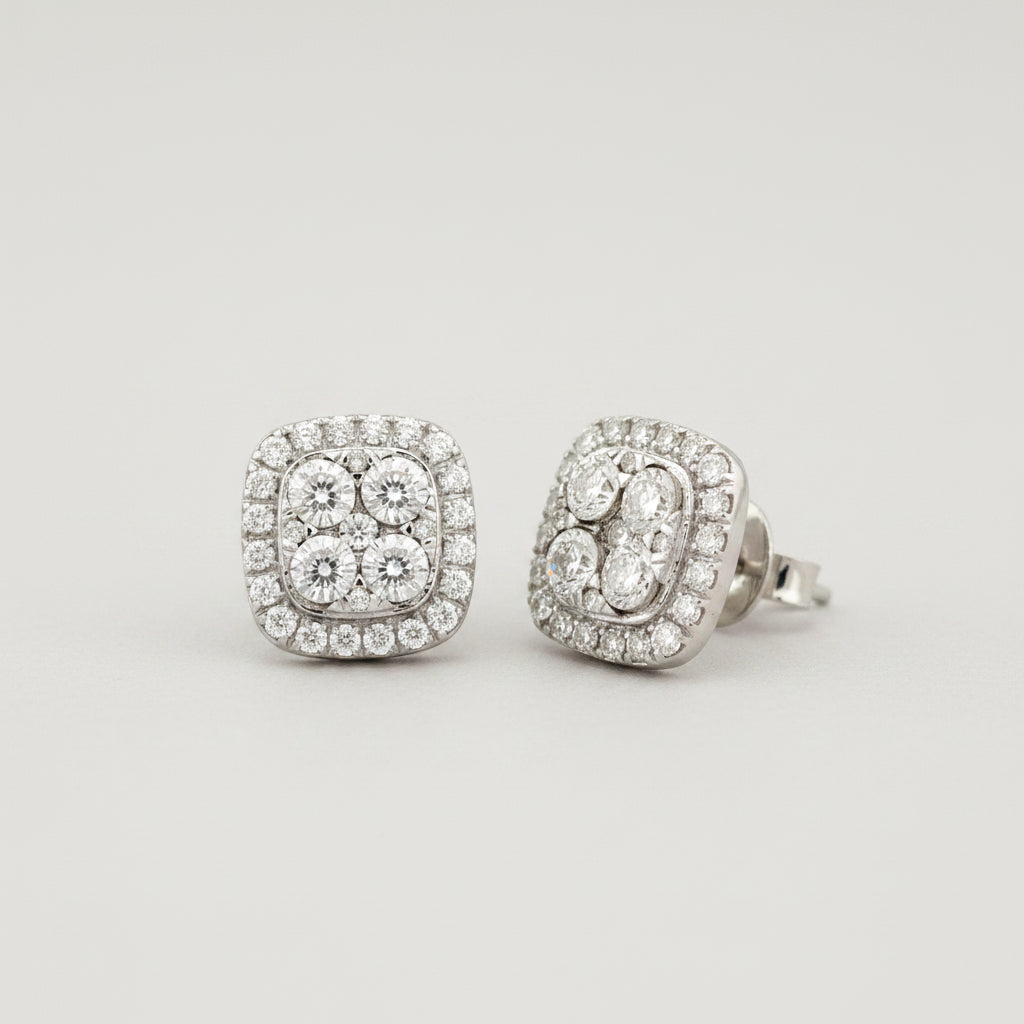 14K White Gold Diamond Cushion Cluster Stud earrings - Jewelry Design Gallery of East Windsor