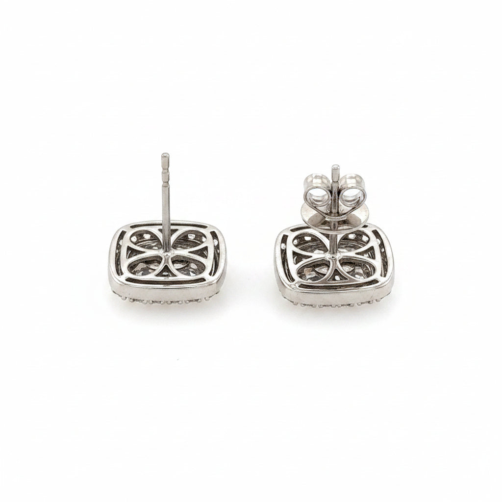 14K White Gold Diamond Cushion Cluster Stud earrings - Jewelry Design Gallery of East Windsor