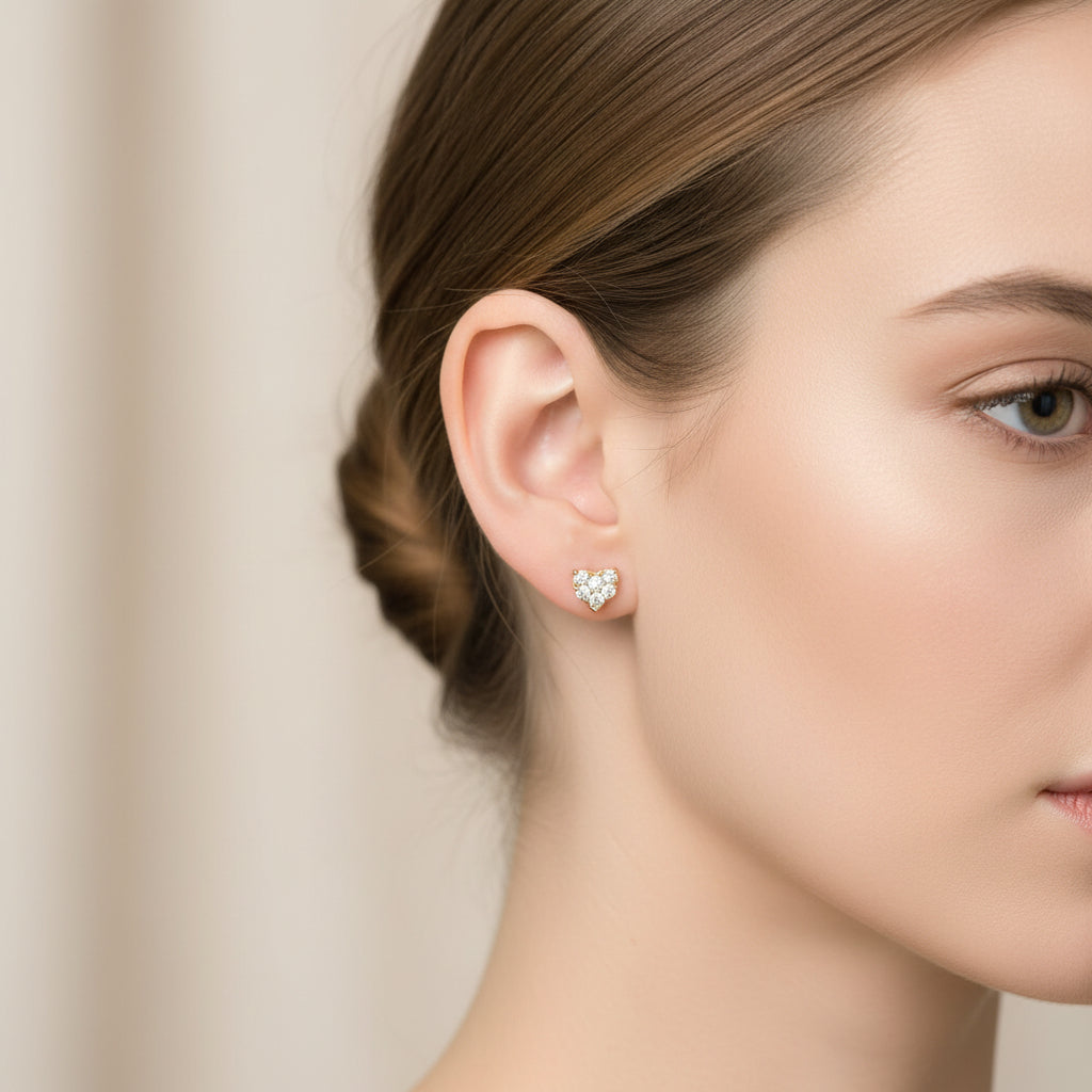 14K Yellow Gold Heart Shaped Diamond Stud earrings