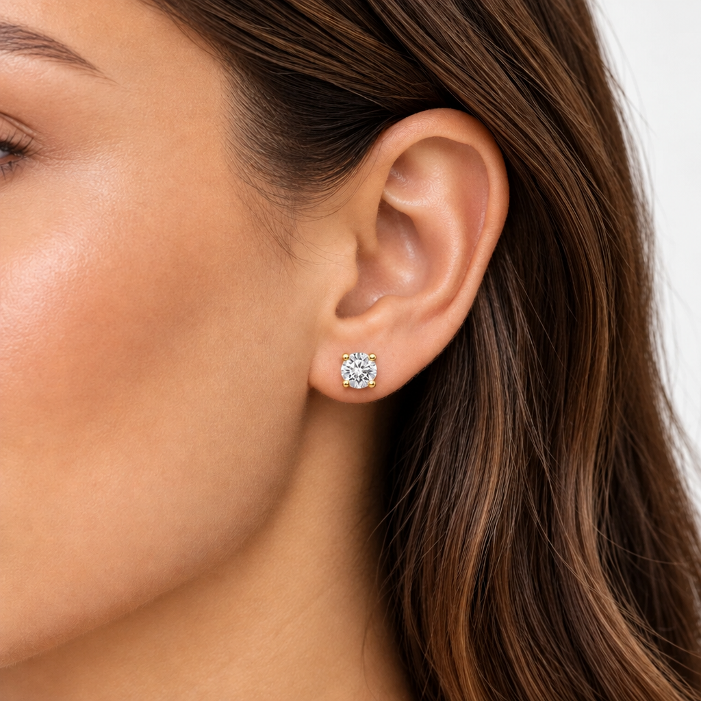 14K Yellow Gold Round Diamond solitaire Stud Earrings