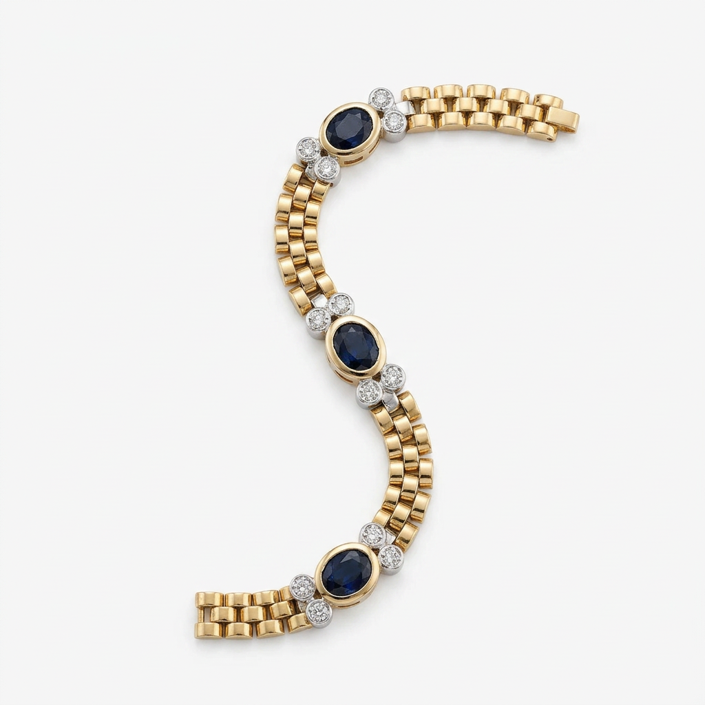 A yellow gold bracelet featuring four oval-cut dark blue sapphires and multiple round-cut clear diamonds, arranged in a curved S-shape on a light gray background.