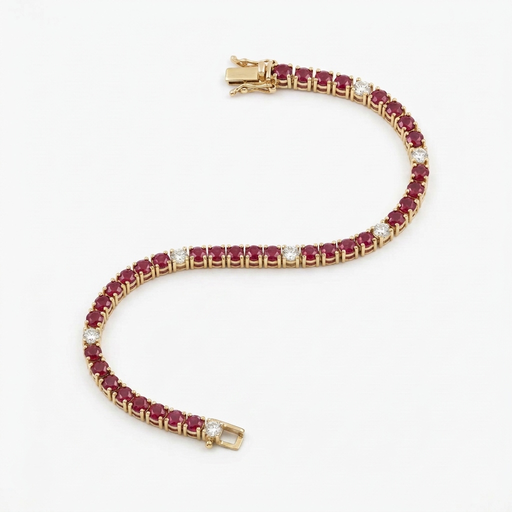 A yellow gold tennis bracelet featuring rows of round-cut deep red rubies and smaller clear diamonds, arranged in a curved S-shape on a clean white background.