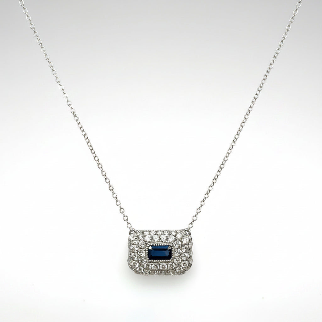 18K White Gold Baguette Sapphire Diamond Pendant Necklace
