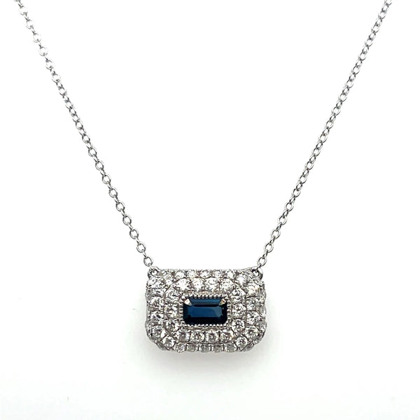 18K White Gold Baguette Sapphire Diamond Pendant Necklace