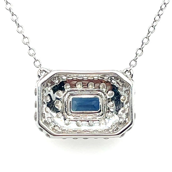 18K White Gold Baguette Sapphire Diamond Pendant Necklace