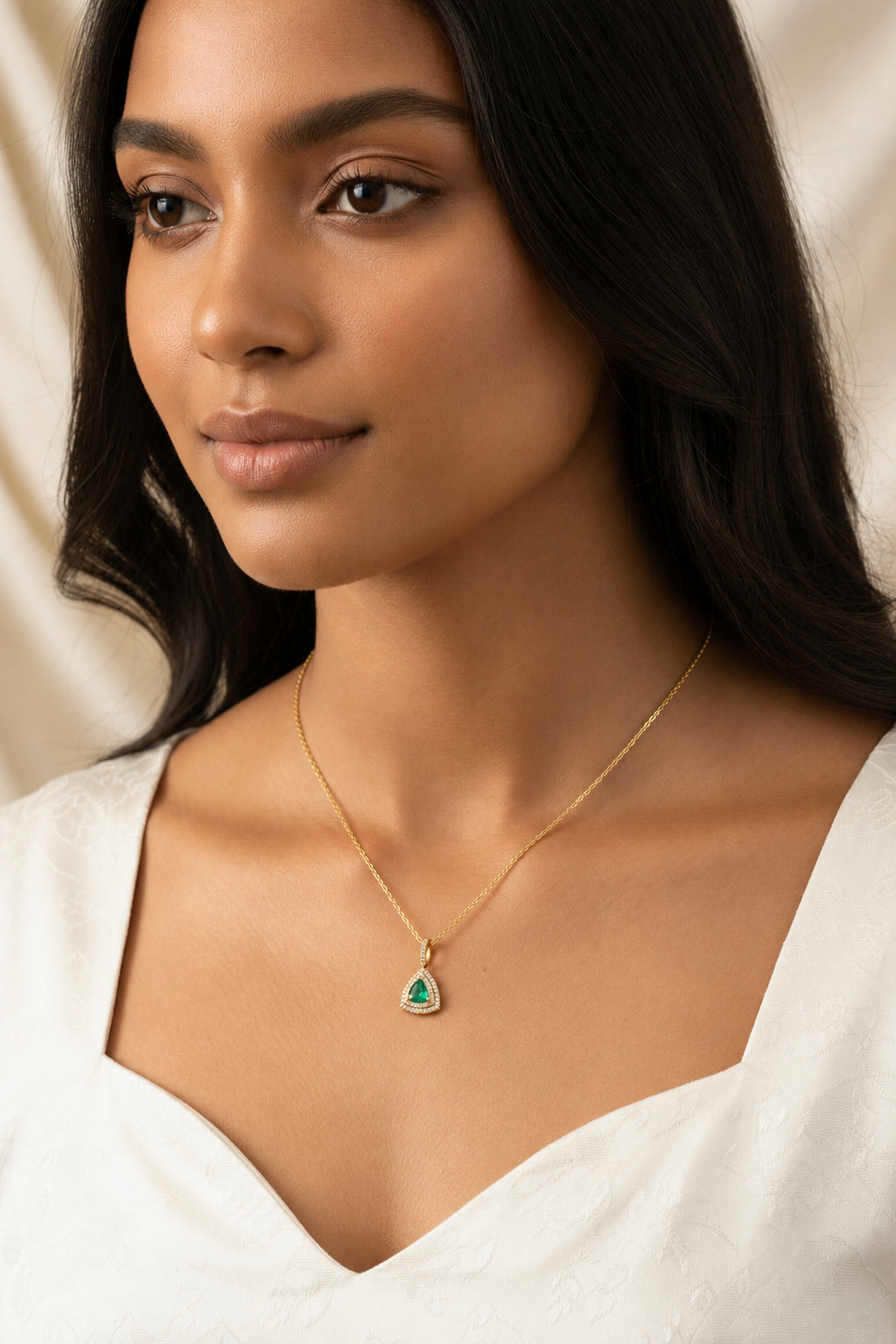 14K Yellow Gold Emerald and Diamond Pendant Necklace
