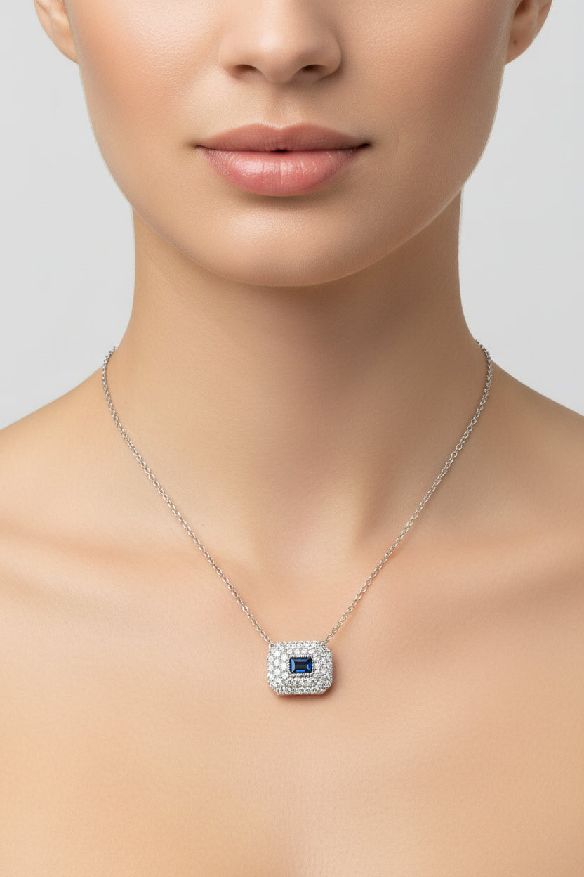 18K White Gold Baguette Sapphire Diamond Pendant Necklace