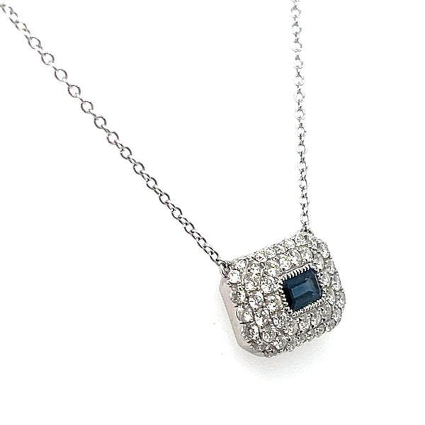 18K White Gold Baguette Sapphire Diamond Pendant Necklace