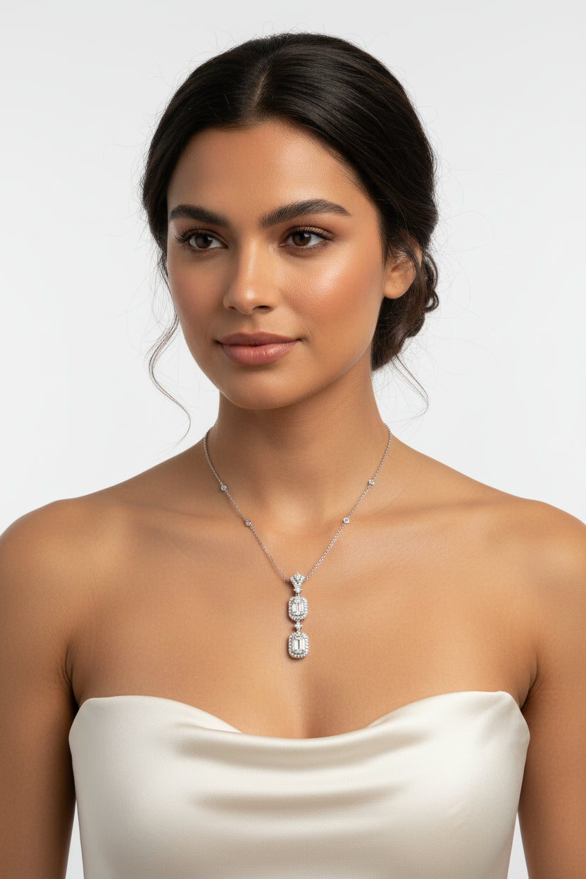 18K White Gold & Diamond Double Dangle Pendant Necklace