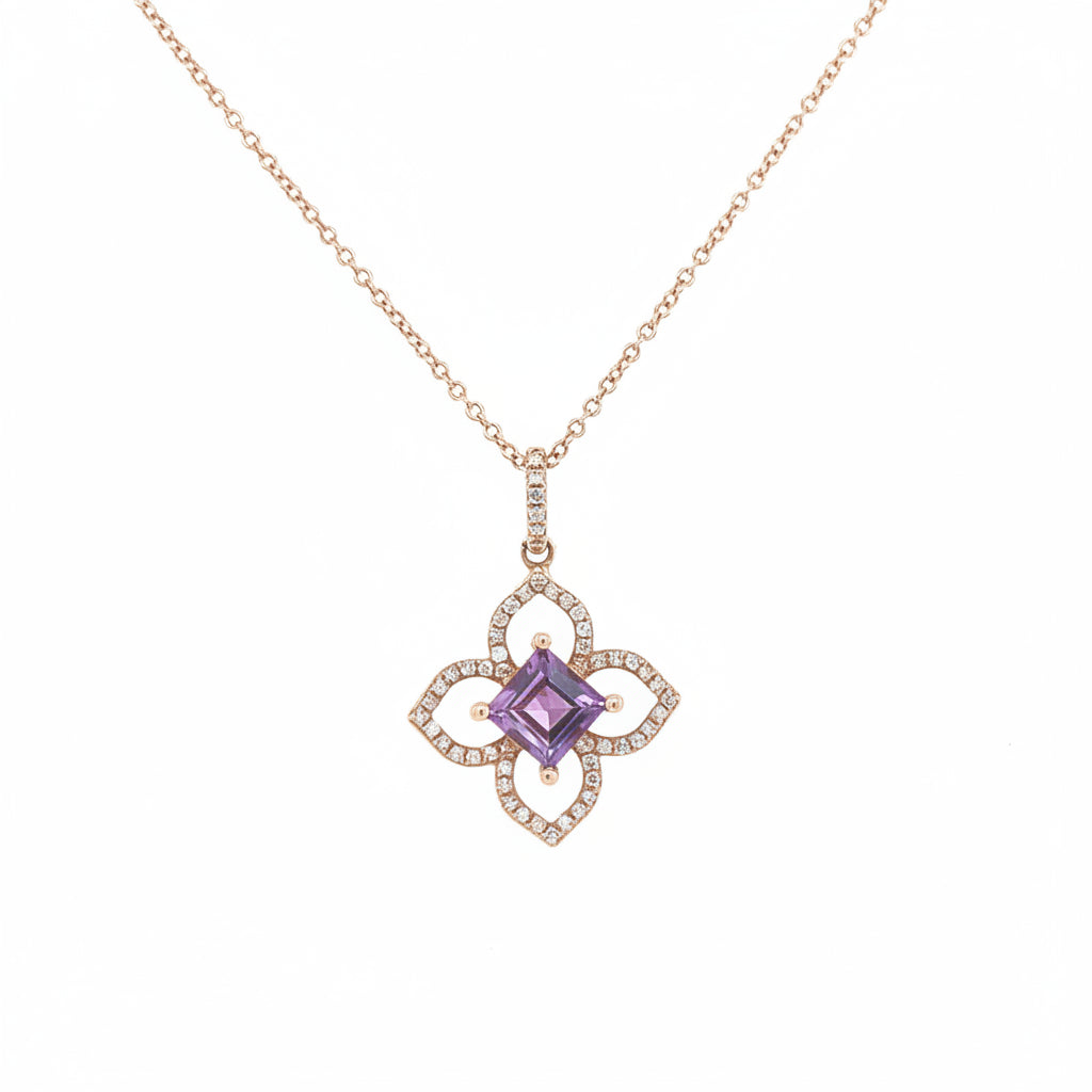 14K Rose Gold Amethyst and Diamond Flower Pendant Necklace - Jewelry Design Gallery of East Windsor