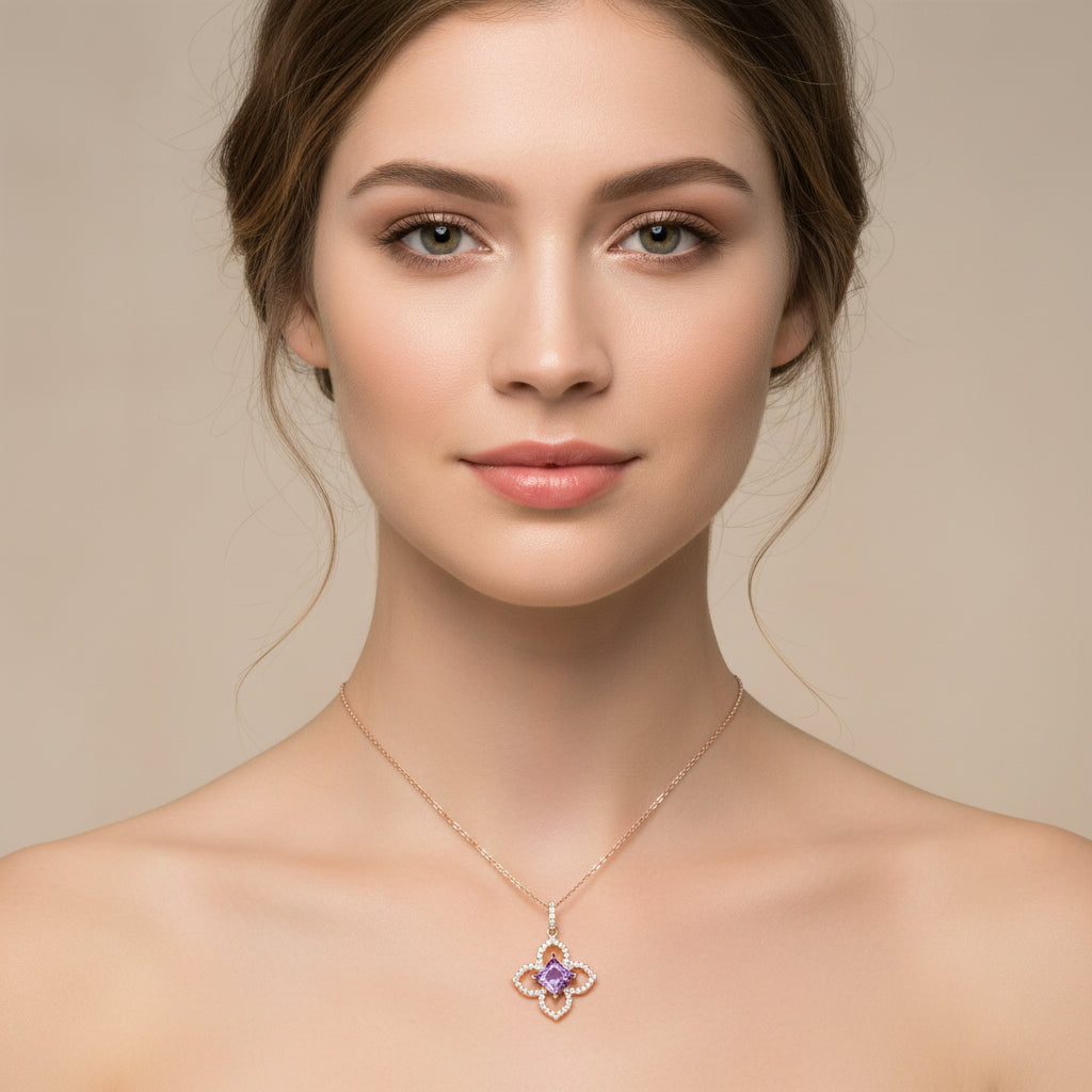 14K Rose Gold Amethyst and Diamond Flower Pendant Necklace - Jewelry Design Gallery of East Windsor